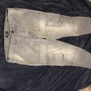 Size 30 by 30, gray cargos, boohooman pants
